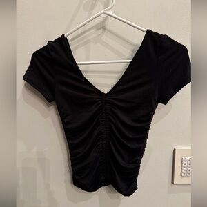 Ruched V-Neck Short Sleeve Top - Black